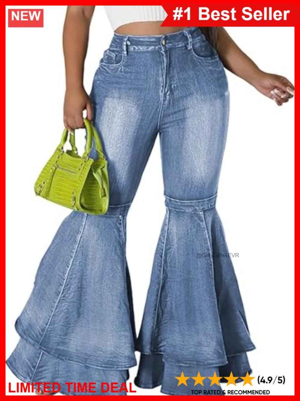 High Waist Flare Wide Leg Jeans Stretch Denim Pleated Ruffle Hem